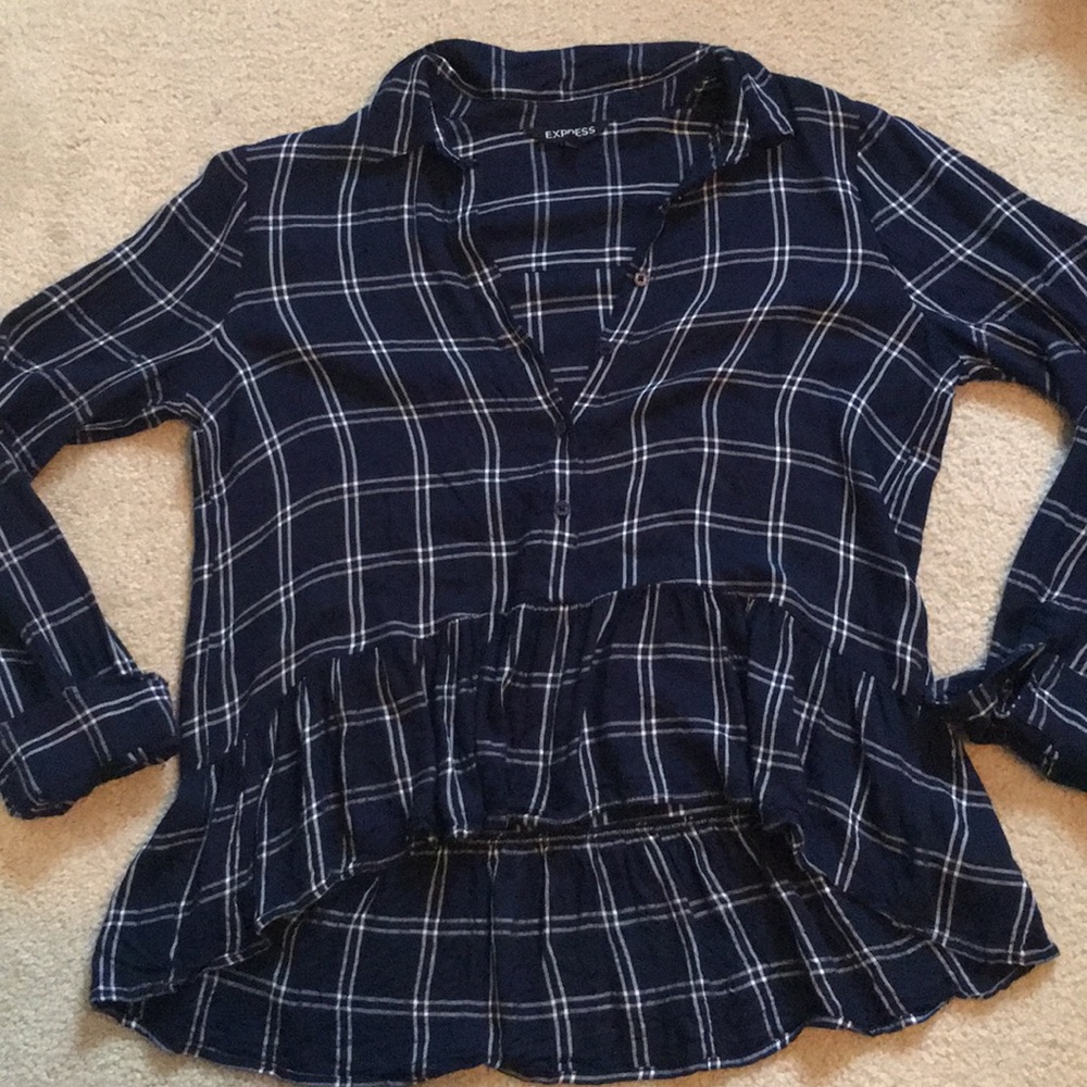 Navy Blue Plaid 3/4 Button Down Long Sleeve